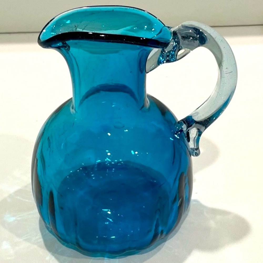 Vintage Petite Hand Blown Blue Mini Pitcher | Some Air Bubbles & Swirl of Color